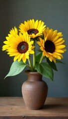 A beautiful sunflower bouquet in a rustic vase, perfect for brightening up any room and bringing a touch of summer indoors , home, cheerful