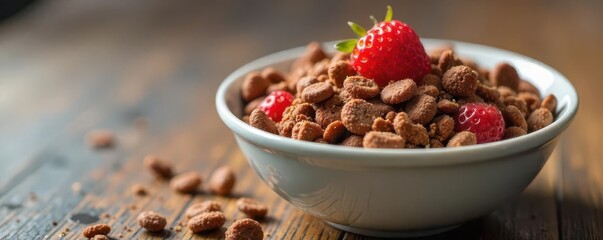 A bowl of chocolate cereal sits on a table, ready to be topped with fresh milk for a cold and delicious breakfast option , milk pour, chocolate