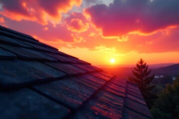 A closeup view of a shingle roof against a vibrant sunset sky, creating a beautiful and peaceful scene , dusk, texture