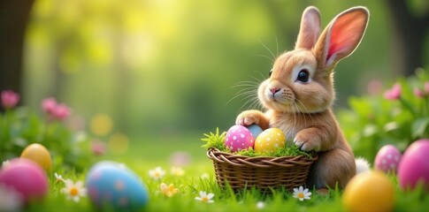 A colorful Easter bunny holding a basket filled with decorated eggs in a lush garden setting , colorful, happy