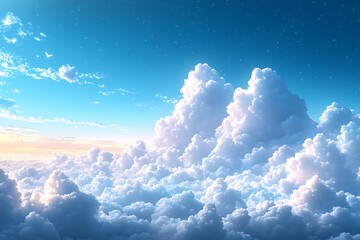 Towering cumulus clouds against a starspeckled blue sky with birds in flight