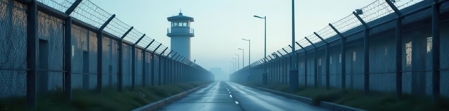 A concept of a modern prison facility exterior with high fences, security cameras, and blurred guard towers in the background , jail, surveillance cameras
