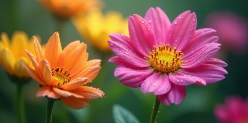Stunning arrangement of colorful flowers covered in dew drops, symbolizing renewal and beauty in nature, fresh, close-up