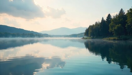 Tranquil scene of calm water on a lake reflecting the sky and trees, creating a serene and peaceful atmosphere , peaceful, calm