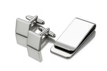 Shiny silver cufflinks and money clip, isolated on transparent background, elegance