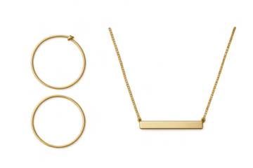 Shiny gold hoop earrings and bar necklace isolated on transparent background