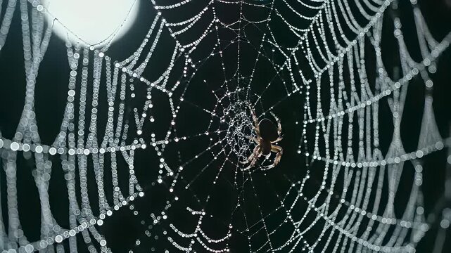 Spider silk threads glisten in a spiders intricate web, emphasizing resilience and adaptability as it navigates its delicate network, perfect for inspirational or motivational video backgrounds.