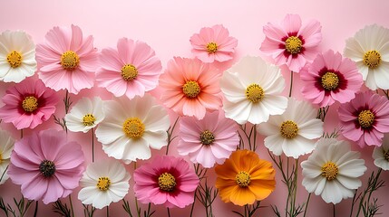 Vibrant cosmos flowers in various shades of pink and white create a cheerful floral display