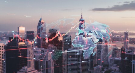 A cityscape with an overlaid digital world map and financial data lines at dusk