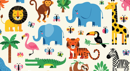 Naklejka premium Vibrant jungle animals pattern featuring lions elephants monkeys and more