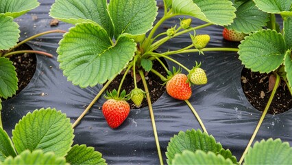 A top-down view of a strawberry plant with green leaves, unripe and ripe berries, and yellow drip irrigation lines, growing on black plastic sheeting.