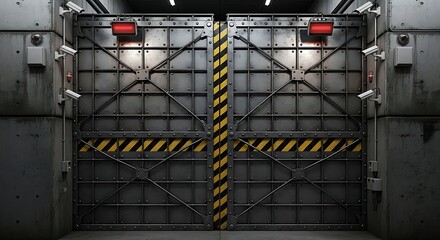 Old metal gate and industrial steel door on a concrete building site with scaffolding and a crane