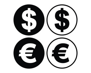 Dollar and Euro currency symbols icons in black and white