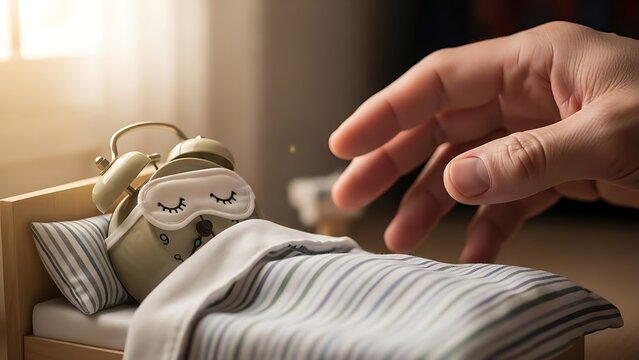 Hand reaching to snooze alarm clock wearing sleeping mask in morning