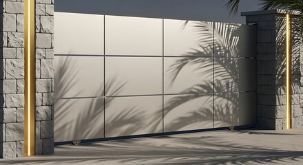 Industrial metal garage door on a brick wall of an old urban building with a reflection of the sky and surrounding architecture