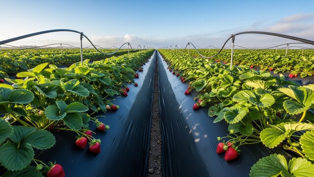 Close-up view of lush strawberry plants and deep red fruit, lining a dark plastic-mulched row with an irrigation system visible against the bright morning sky.