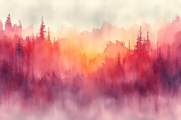 Watercolor painting of misty mountain range and pine forest landscape in pink and orange