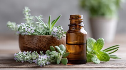 Aromatherapy essential oil with fresh herbs on wooden table