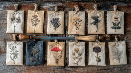 Rustic seed packets on wooden table with illustrated botanical designs