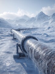 a metal pipeline stretches across a snowy landscape covered in ice it evokes industrial infrastructure resilience and the stark beauty of winter conditions