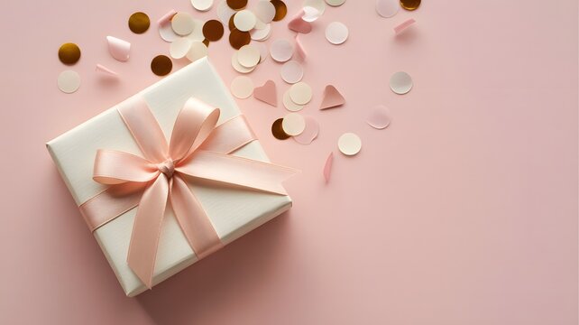 Top view of gift box with pink ribbon and confetti on pastel pink background