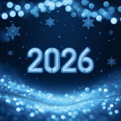 Happy New Year 2026 Blue Neon 2026 Typography With Snowflake Bokeh Background