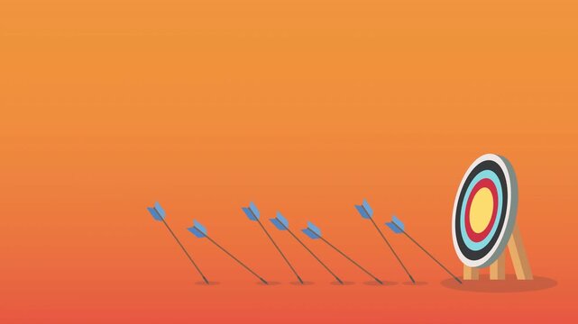 Business challenge failure and success concept. Blue arrows missed hitting target and only red one hits the center.	