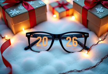 2026 Trendy Glasses with Christmas decoration on festive background. New year eyewear collection. Optic store sale banner. Copy space. Winter special offer discount. christmas opthalmologyical concept