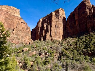 Beautiful Zion National Park. autumn November. Riverside Walk for a mile from the Temple of Sinawava shuttle to the infamous Narrows. Rent waterproof gear and boots and walk through the Virgin River.