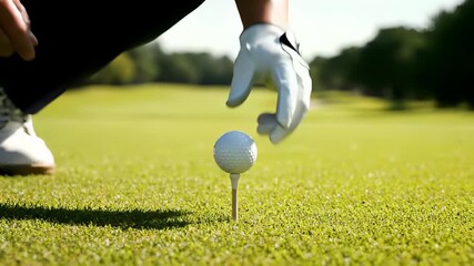 A golf ball precariously rests on a tee, awaiting its fate as a golfer stands patiently in the background, emphasizing the importance of precision and strategy in achieving ones goals.