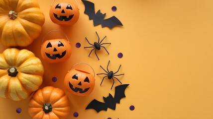 Halloween decorations with pumpkins, bats and spiders on orange background