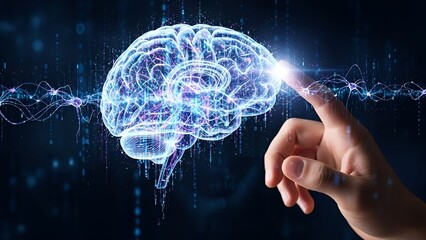 Futuristic glowing brain concept activates with a touch, symbolizing innovation and intelligence in a modern technological world, representing advanced neuroscience research