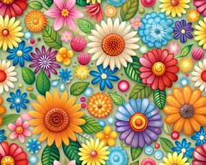 Colorful floral pattern with diverse flower types in various shades of vibrant colors. Intricate design featuring 3D flowers and leaves on a muted green background.