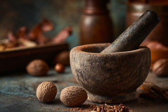 Rustic mortar and pestle with nutmeg.