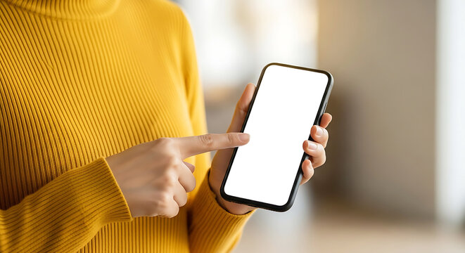 Close-up of a person in a yellow turtleneck sweater holding and pointing at a smartphone with a blank white screen. - Powered by Adobe