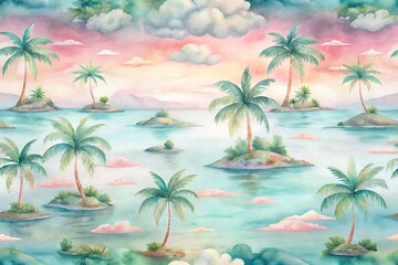 Dreamy watercolor seamless pattern of tropical islands with palm trees and a pastel sunset sky over calm ocean water