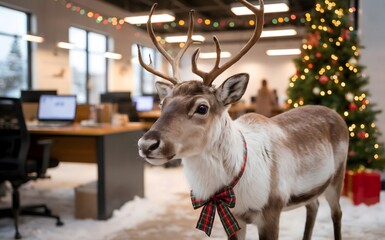 Fototapeta premium A realistic reindeer in a Christmas decorated office space. Celebrating Christmas for business, winter festivity. 