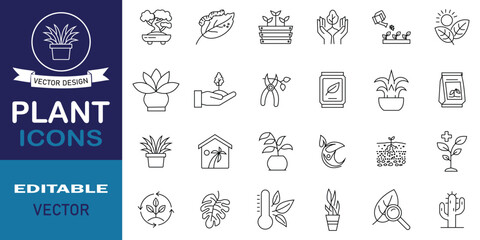 Plant icon set in line style. Agriculture vector concept. Set of 24 icon related to different plants. Plant pot line icon. Editable stroke. Vector illustration.