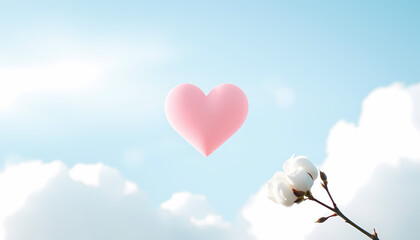 Pink heart floating in the sky above a white flower under a blue background with clouds Generative AI