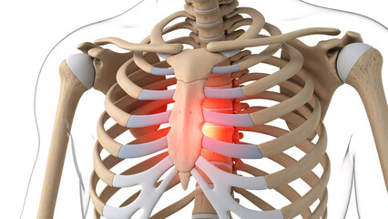 Anatomical illustration of the human rib cage and sternum with a red glow