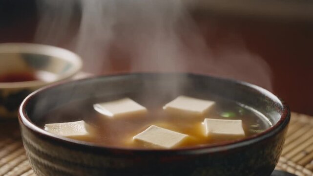 Close-up shot of a bowl of steaming miso soup with tofu cubes, a Japanese cuisine.