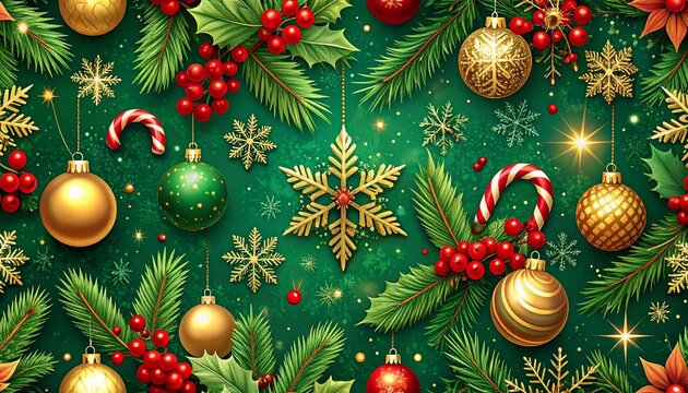A vibrant green background covered in fresh pine needles, red holly berries, and an assortment of golden and red Christmas ornaments, including snowflakes, candy canes, and baubles. - Powered by Adobe