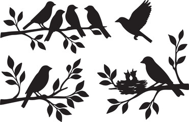 Bird silhouettes perched on branches, flying bird, baby birds in nest, nature wildlife scene, black vector illustration, isolated on white background