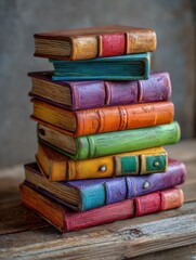 stacked colorful hardback books on a wooden table