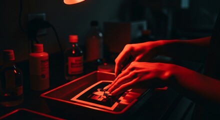 Hands developing a photograph in a darkroom under a dim red light, creating an image.