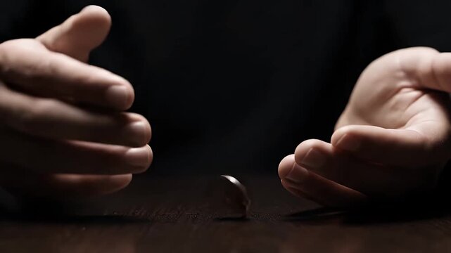 Close up hands flipping coin in slow motion for decision making or chance