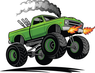 Green monster truck mid-air, flames exhaust, black smoke, oversized tires, lifted suspension, boxy body, dynamic motion, motorsport, entertainment © Creative Art