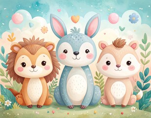 Fototapeta premium Cute whimsical children’s illustration of friendly animal characters, soft shapes, pastel colors, gentle outlines, playful and heartwarming mood, perfect for kids books, prints, and educational materi