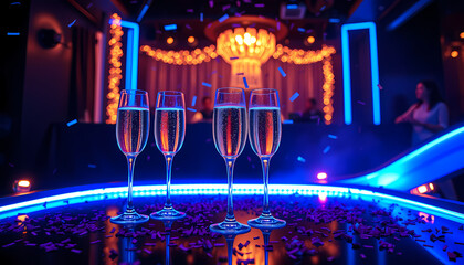 People celebrate with drinks at a lively event in a venue decorated with colorful lights and confetti Generative AI