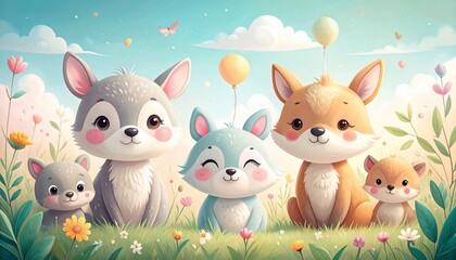 Naklejka premium Cute whimsical children’s illustration of friendly animal characters, soft shapes, pastel colors, gentle outlines, playful and heartwarming mood, perfect for kids books, prints, and educational materi